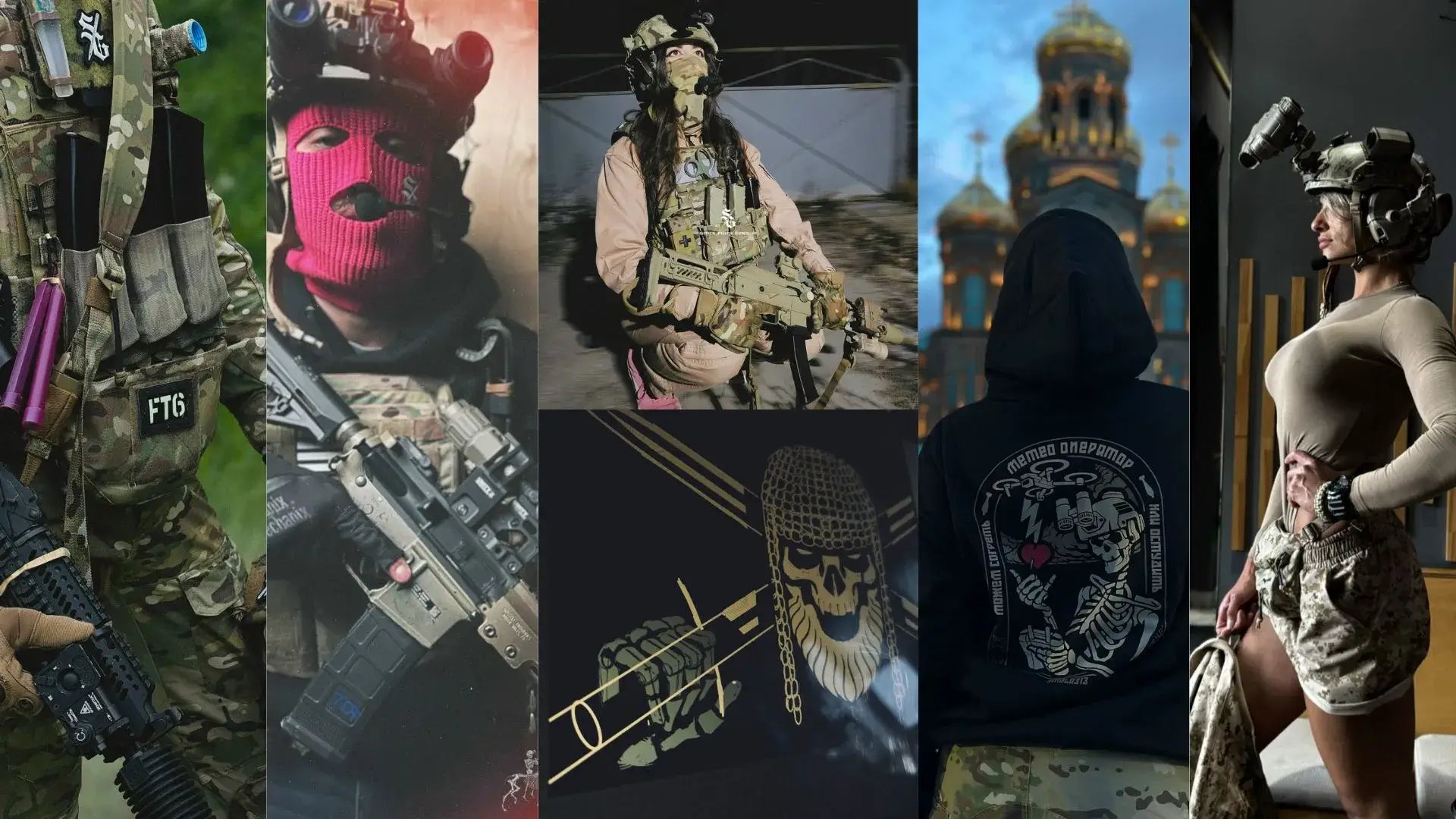 Collage of various military-themed images, including accessories and clothing from Smola313 Group