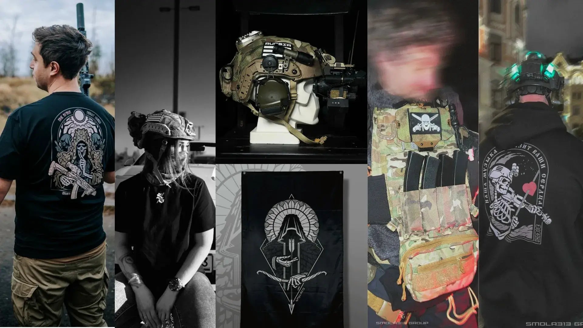 Collage of clothes and accessories with an emphasis on military themes from Smola313 Group